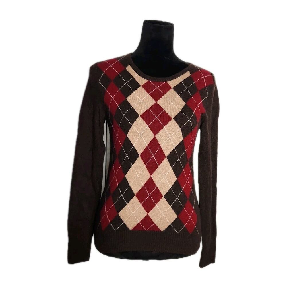 Tweeds Women’s Crew Neck Sweater Size Small Brown Argyle Print 2-Ply Cashmere